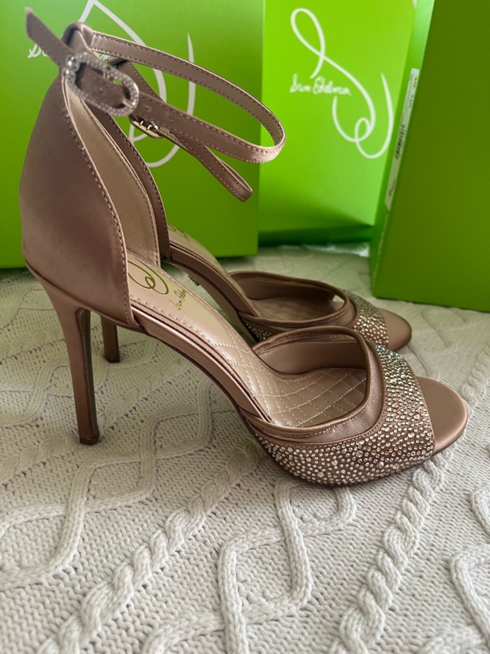 Sam Edelman Rose Gold Crystal Embellished Ankle-Strap Heels Size 9.5